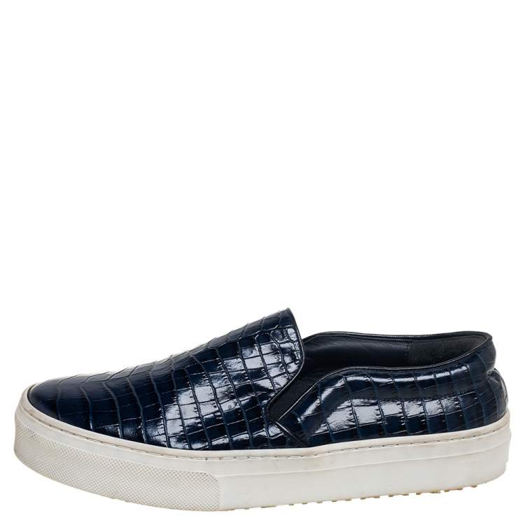 Pre Owned Celine Navy Blue Crocodile Embossed Leather Slip-On Sneakers Size 35.5 