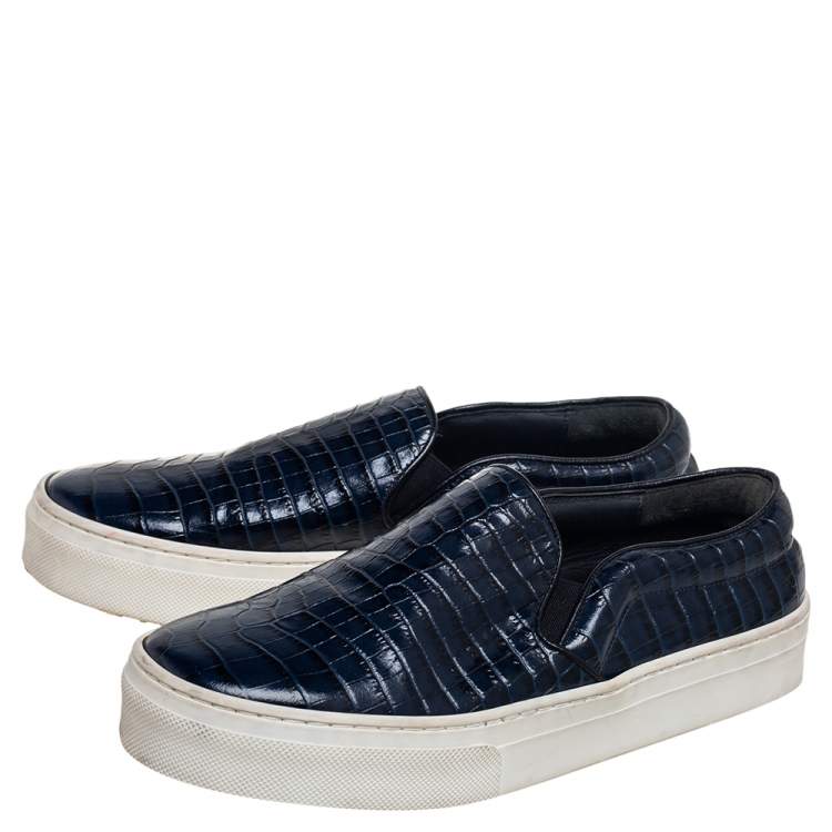 Pre Owned Celine Navy Blue Crocodile Embossed Leather Slip-On Sneakers Size 35.5 