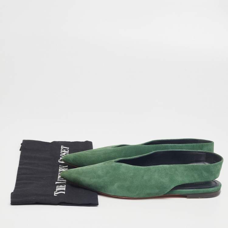 Pre Owned Celine Green Suede V Neck Slingback Flats Size 39
