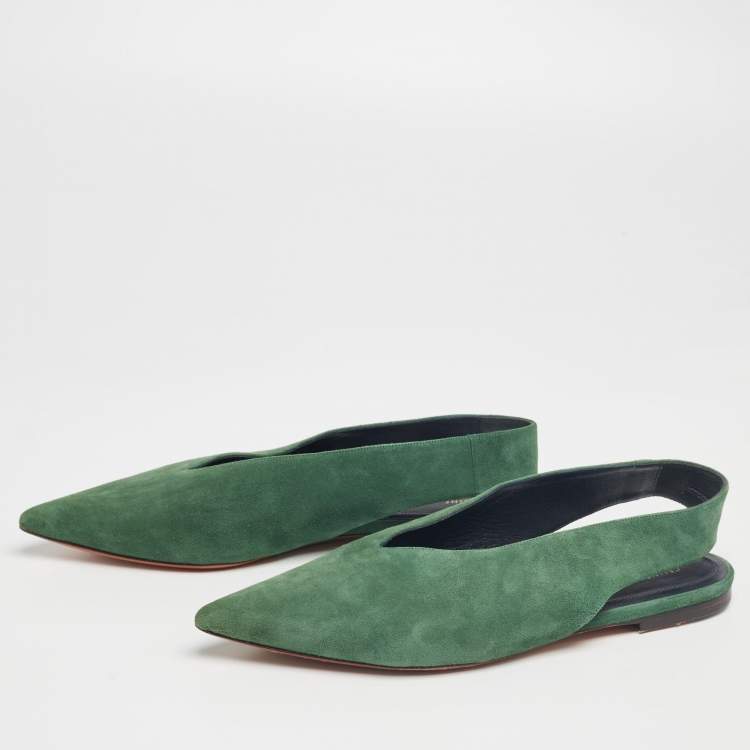 Pre Owned Celine Green Suede V Neck Slingback Flats Size 39