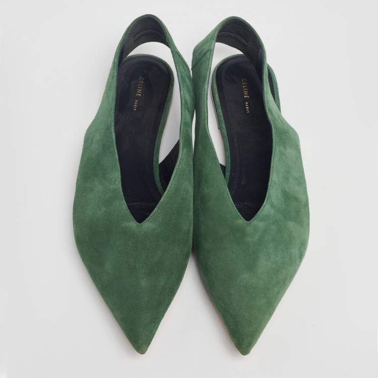 Pre Owned Celine Green Suede V Neck Slingback Flats Size 39