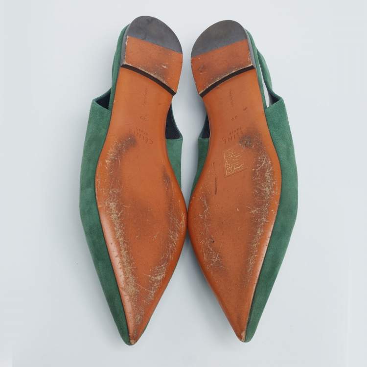 Pre Owned Celine Green Suede V Neck Slingback Flats Size 39