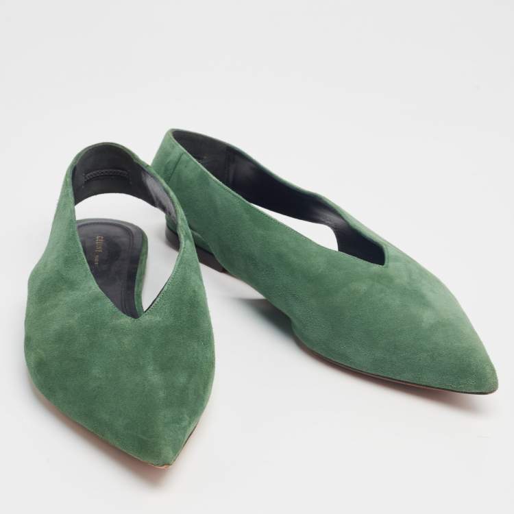 Pre Owned Celine Green Suede V Neck Slingback Flats Size 39