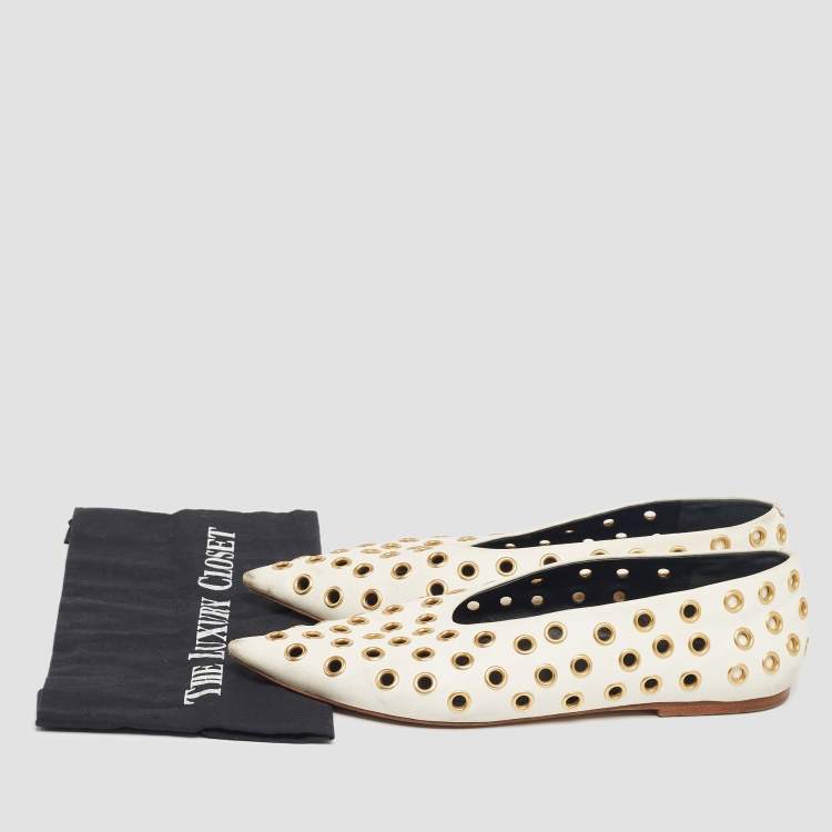 Pre Owned Celine Off-White Leather Eyelet Detail Ballet Flats Size 40