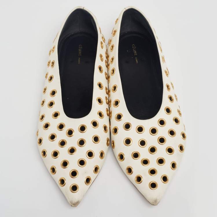 Pre Owned Celine Off-White Leather Eyelet Detail Ballet Flats Size 40