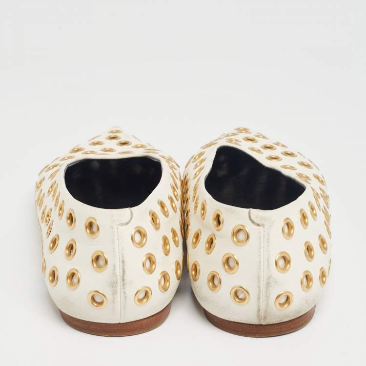 Pre Owned Celine Off-White Leather Eyelet Detail Ballet Flats Size 40