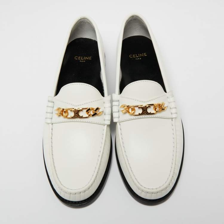 Pre Owned Celine White Leather Chain Embellished Slip On Loafers Size 37