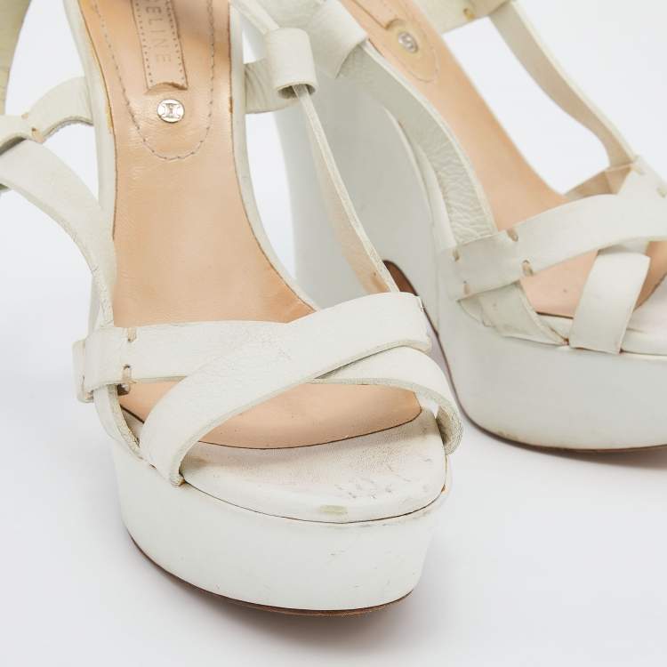 Pre Owned Celine White Leather Strappy Platform Sandals Size 37