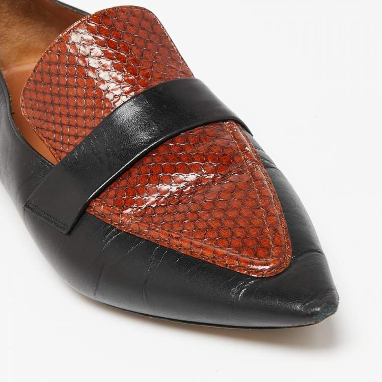 Pre Owned Celine Black/Brown Python Embossed And Leather Slip On Loafers Size 38.5    
