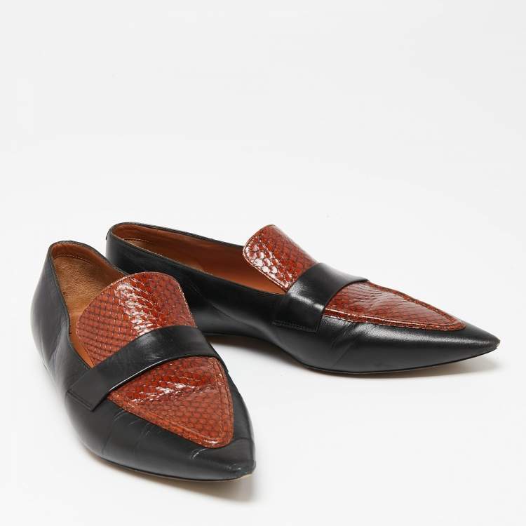 Pre Owned Celine Black/Brown Python Embossed And Leather Slip On Loafers Size 38.5    