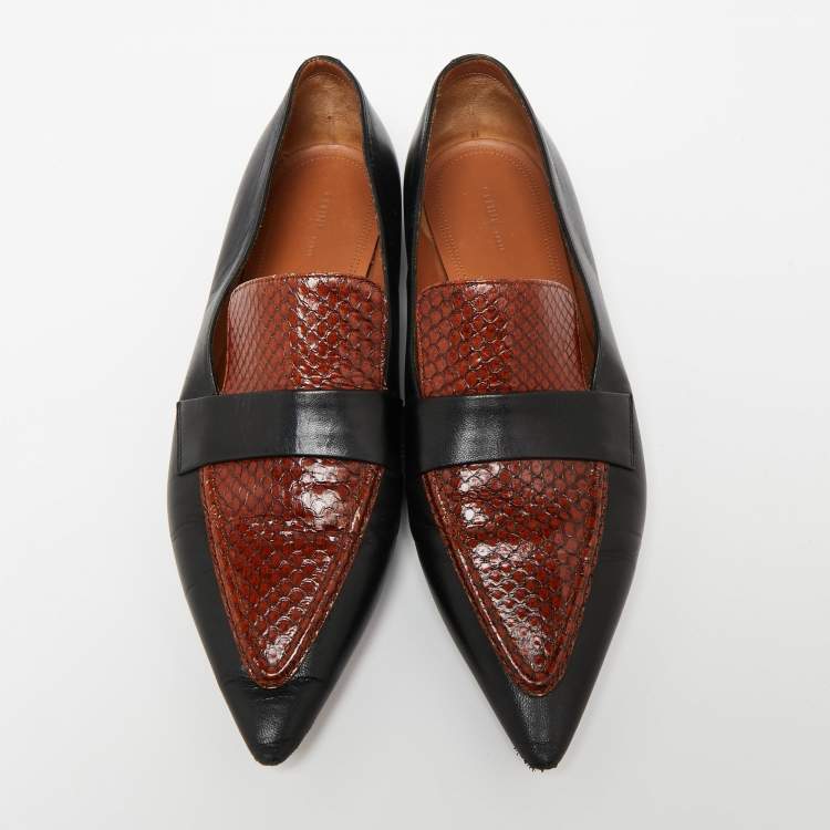 Pre Owned Celine Black/Brown Python Embossed And Leather Slip On Loafers Size 38.5    