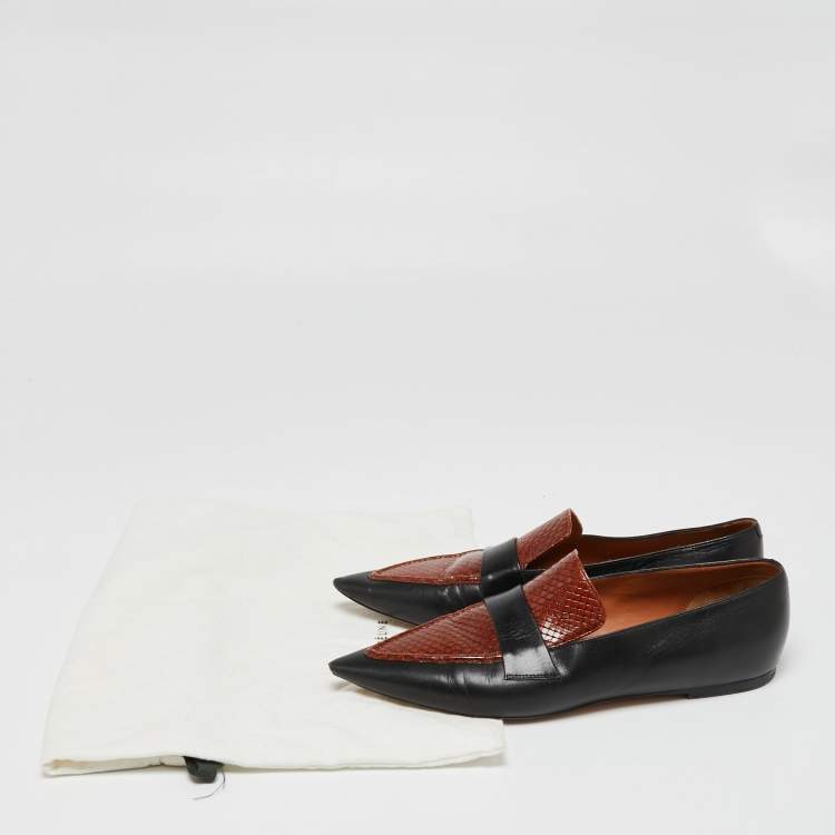 Pre Owned Celine Black/Brown Python Embossed And Leather Slip On Loafers Size 38.5    