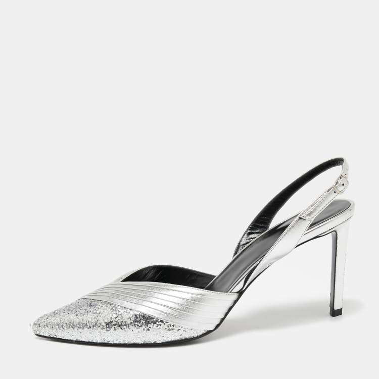 Pre Owned Celine Silver Pleated Leather and Glitter Pointed Toe Slingback Sandals Size 39