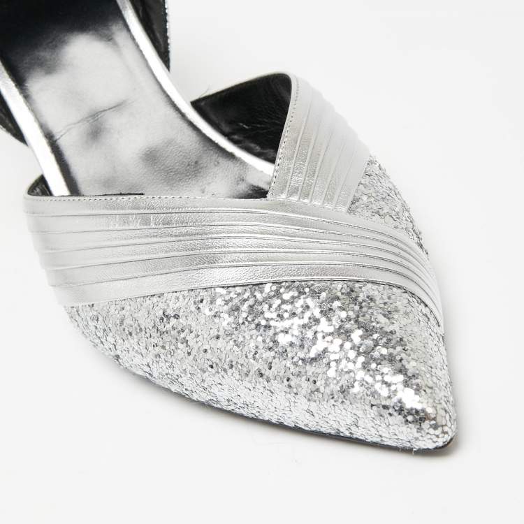 Pre Owned Celine Silver Pleated Leather and Glitter Pointed Toe Slingback Sandals Size 39