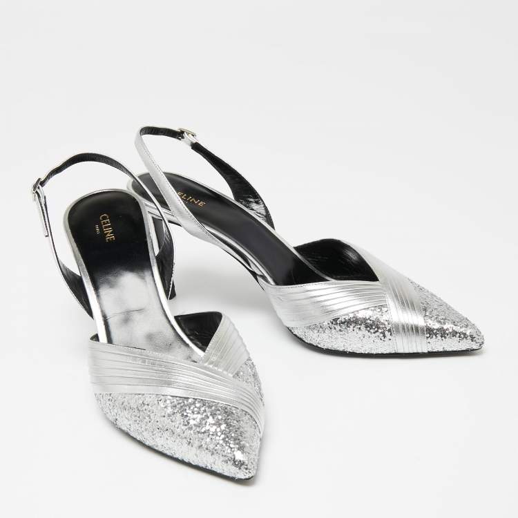 Pre Owned Celine Silver Pleated Leather and Glitter Pointed Toe Slingback Sandals Size 39