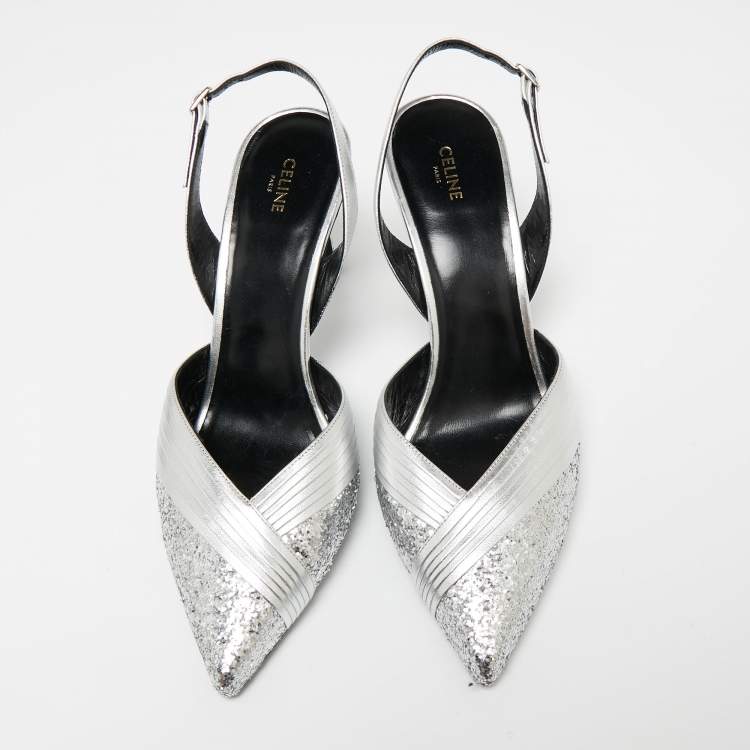 Pre Owned Celine Silver Pleated Leather and Glitter Pointed Toe Slingback Sandals Size 39