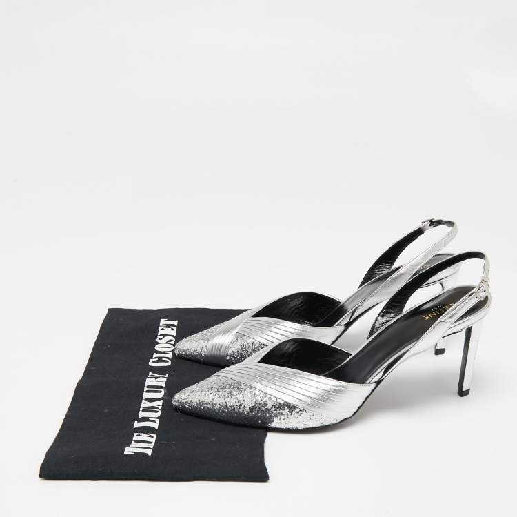 Pre Owned Celine Silver Pleated Leather and Glitter Pointed Toe Slingback Sandals Size 39