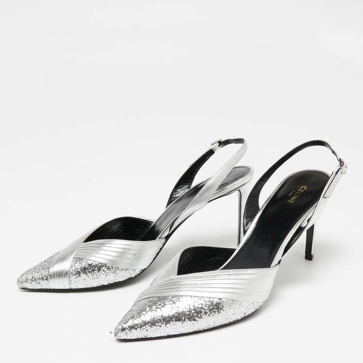 Pre Owned Celine Silver Pleated Leather and Glitter Pointed Toe Slingback Sandals Size 39