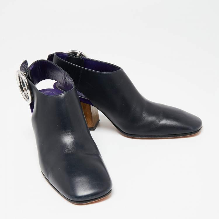 Pre Owned Celine Navy Blue Leather Square Toe Slingback Pumps Size 37