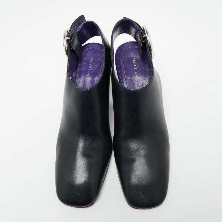 Pre Owned Celine Navy Blue Leather Square Toe Slingback Pumps Size 37