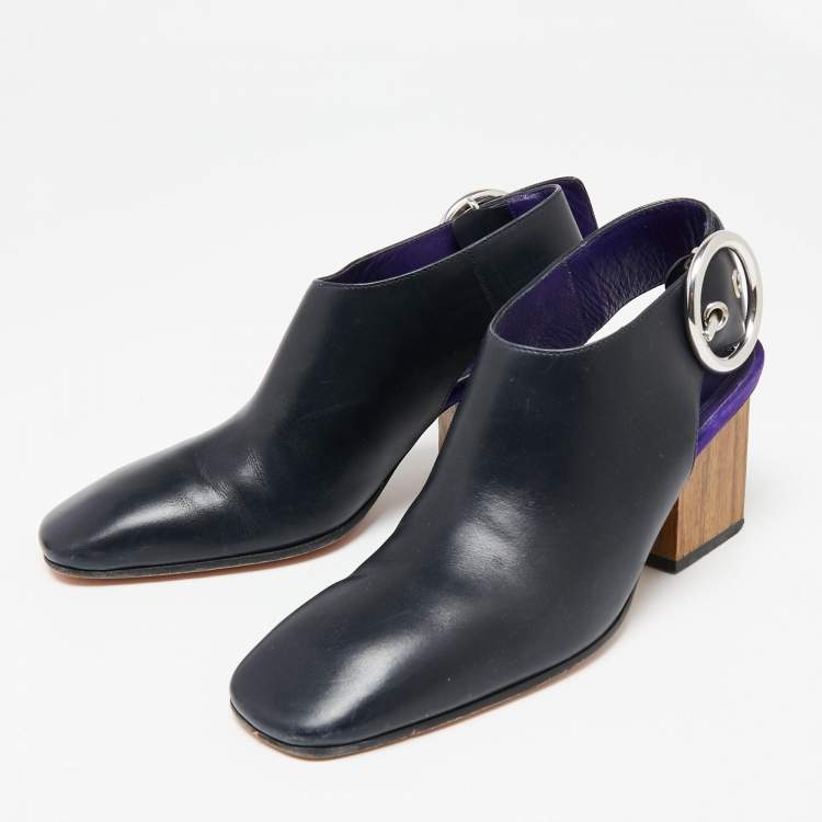 Pre Owned Celine Navy Blue Leather Square Toe Slingback Pumps Size 37