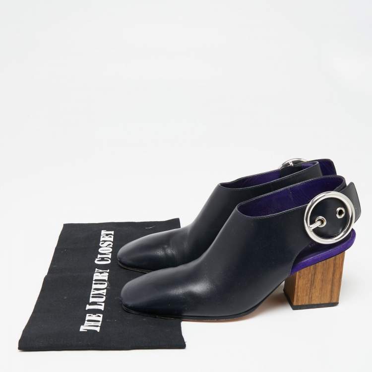 Pre Owned Celine Navy Blue Leather Square Toe Slingback Pumps Size 37