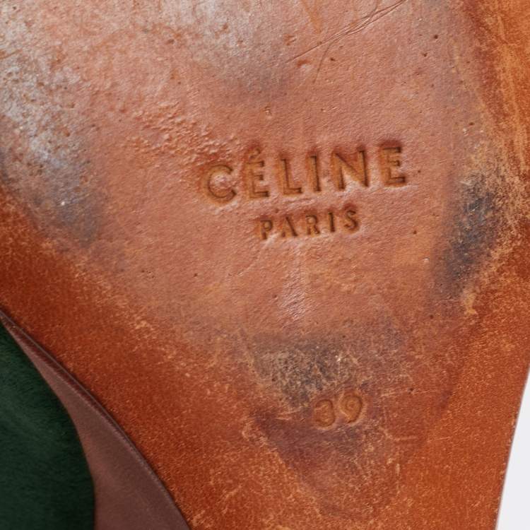 Pre Owned Celine Green Suede Wedge Ankle Strap Pumps Size 39