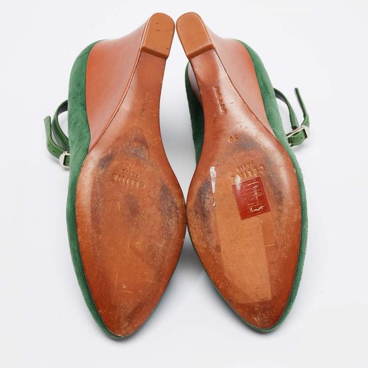 Pre Owned Celine Green Suede Wedge Ankle Strap Pumps Size 39