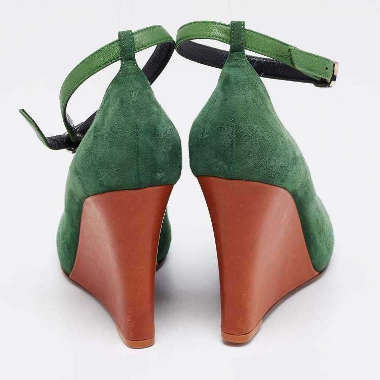 Pre Owned Celine Green Suede Wedge Ankle Strap Pumps Size 39