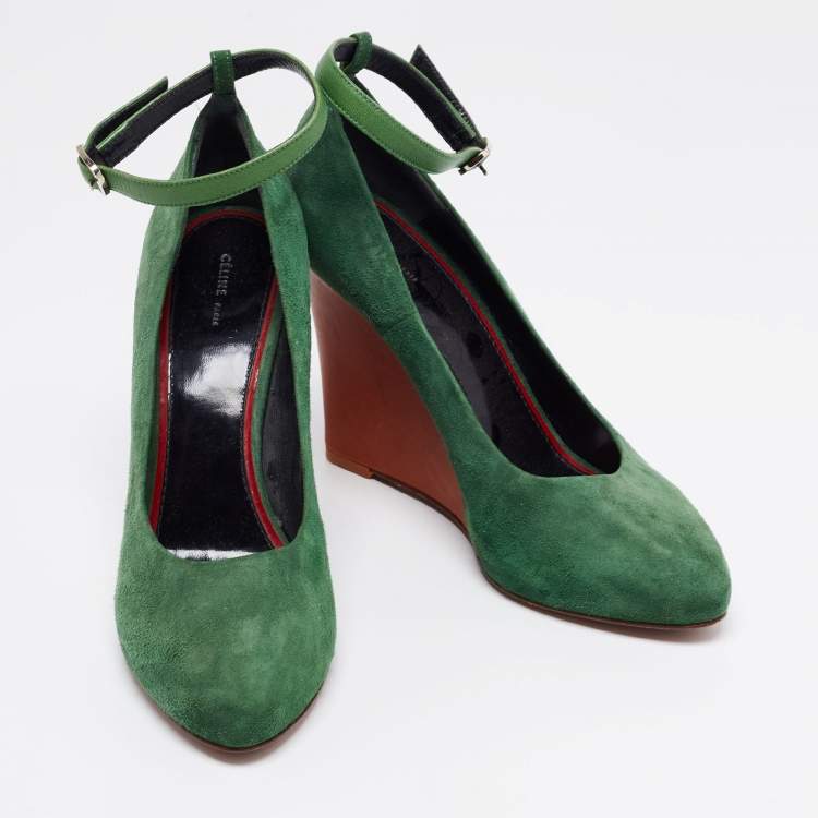 Pre Owned Celine Green Suede Wedge Ankle Strap Pumps Size 39