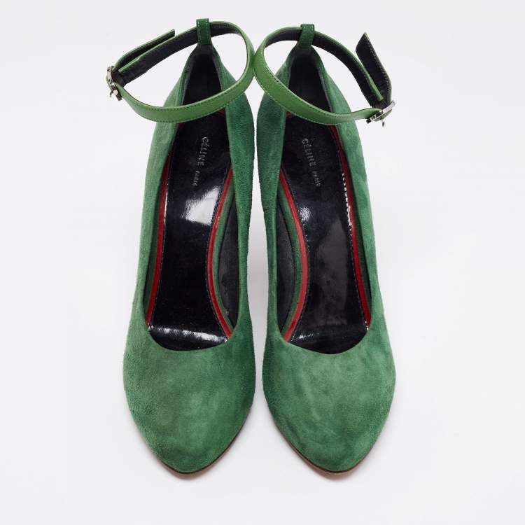 Pre Owned Celine Green Suede Wedge Ankle Strap Pumps Size 39