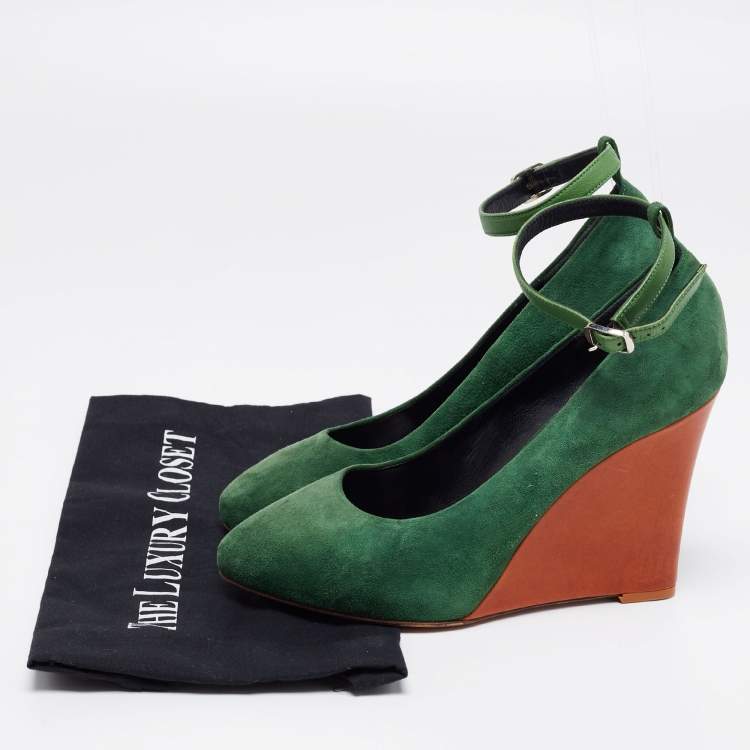 Pre Owned Celine Green Suede Wedge Ankle Strap Pumps Size 39