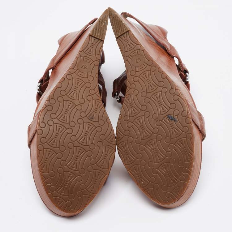 Pre Owned Céline Brown Leather T-Strap Wedge Platform Slingback Sandals Size 37