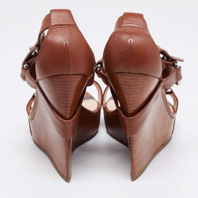 Pre Owned Céline Brown Leather T-Strap Wedge Platform Slingback Sandals Size 37