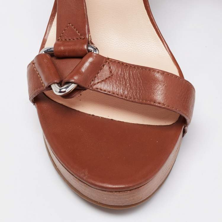 Pre Owned Céline Brown Leather T-Strap Wedge Platform Slingback Sandals Size 37