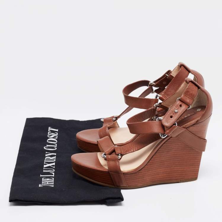 Pre Owned Céline Brown Leather T-Strap Wedge Platform Slingback Sandals Size 37