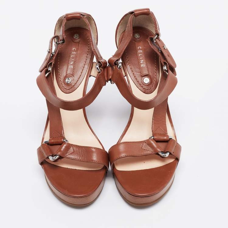 Pre Owned Céline Brown Leather T-Strap Wedge Platform Slingback Sandals Size 37