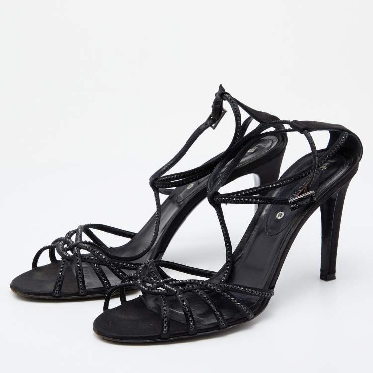 Pre Owned Celine Black Satin Embellished Strappy Sandals Size 41