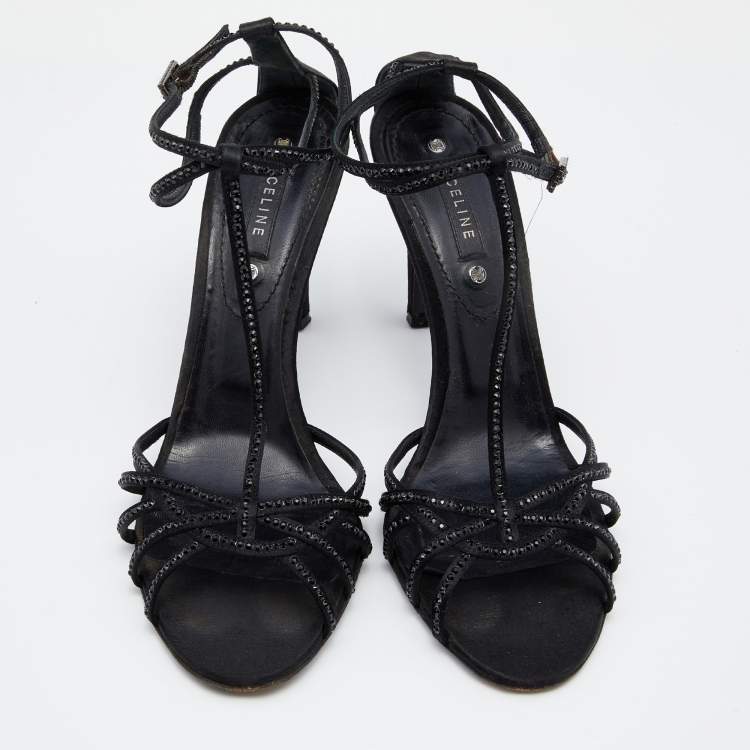 Pre Owned Celine Black Satin Embellished Strappy Sandals Size 41