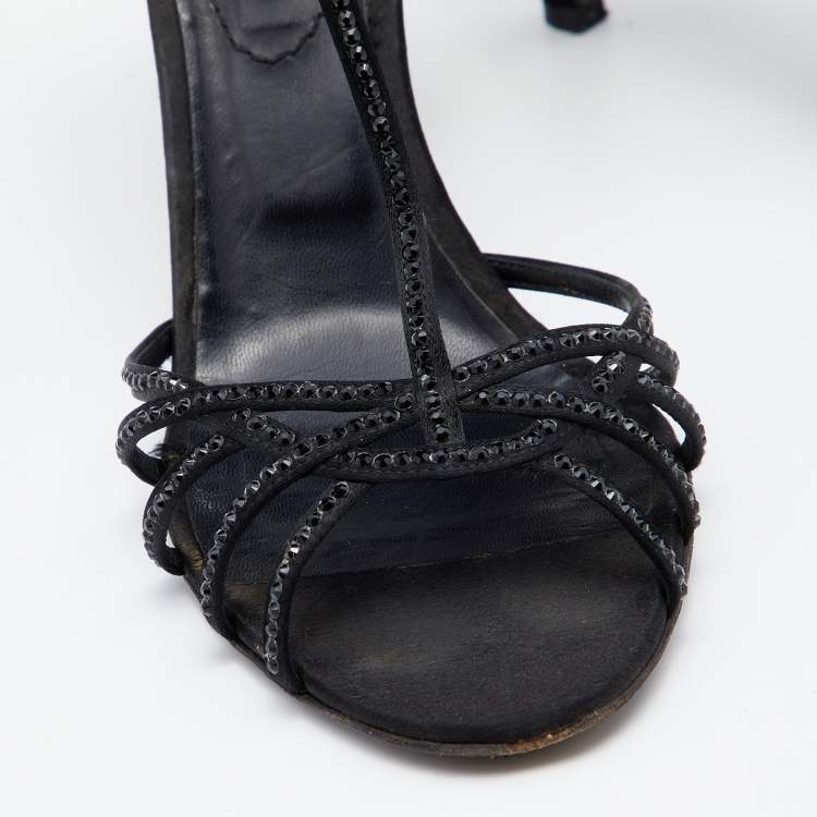 Pre Owned Celine Black Satin Embellished Strappy Sandals Size 41