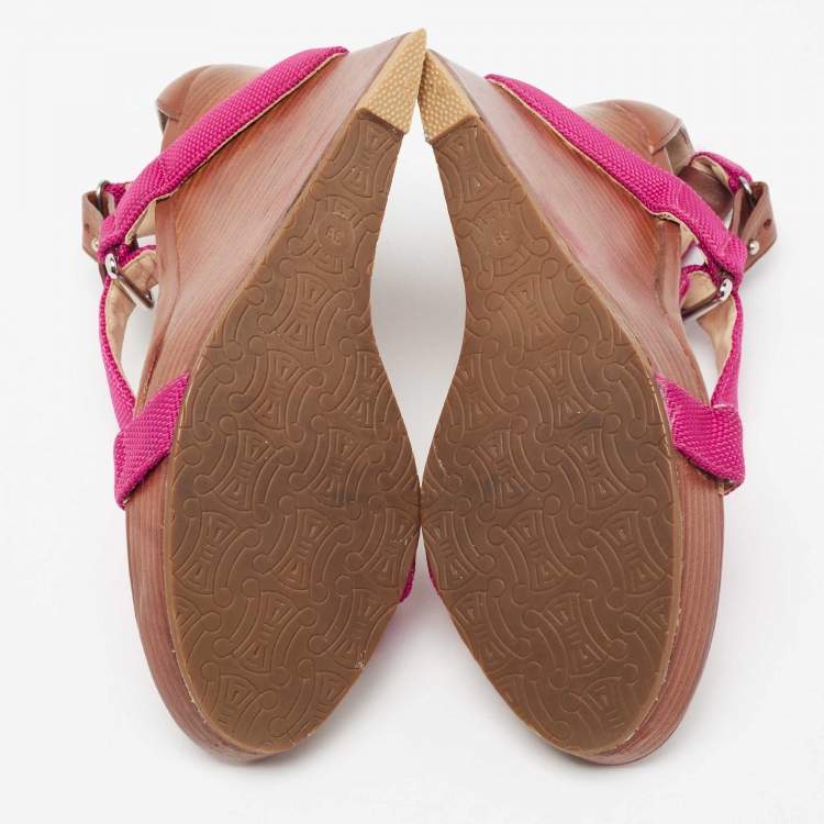 Pre Owned Céline Pink Canvas T-Strap Wedge Slingback Sandals Size 39
