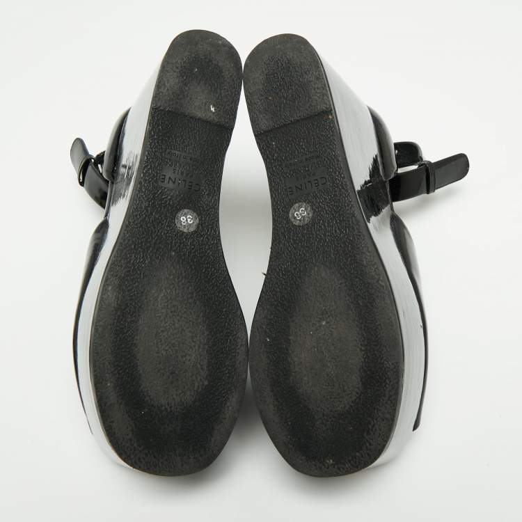 Pre Owned Celine Black Patent Leather Wedge Platform Ankle Strap Sandals Size 38