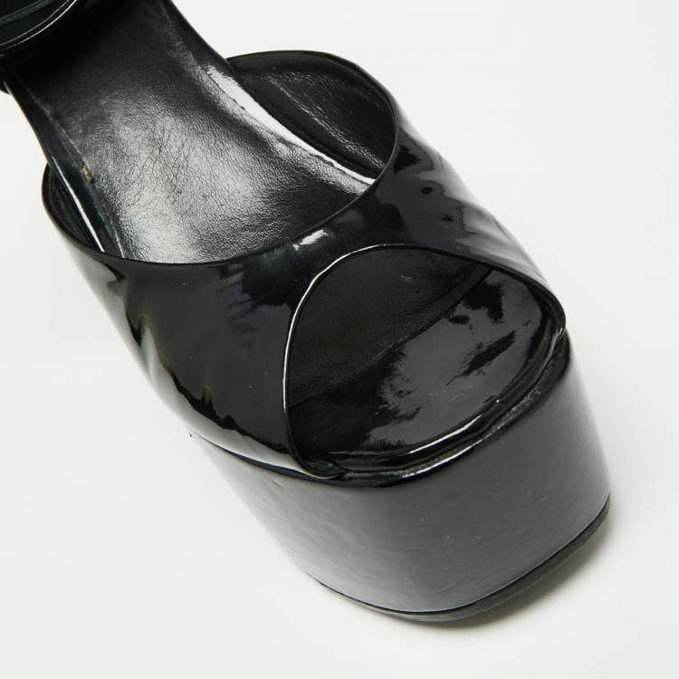Pre Owned Celine Black Patent Leather Wedge Platform Ankle Strap Sandals Size 38