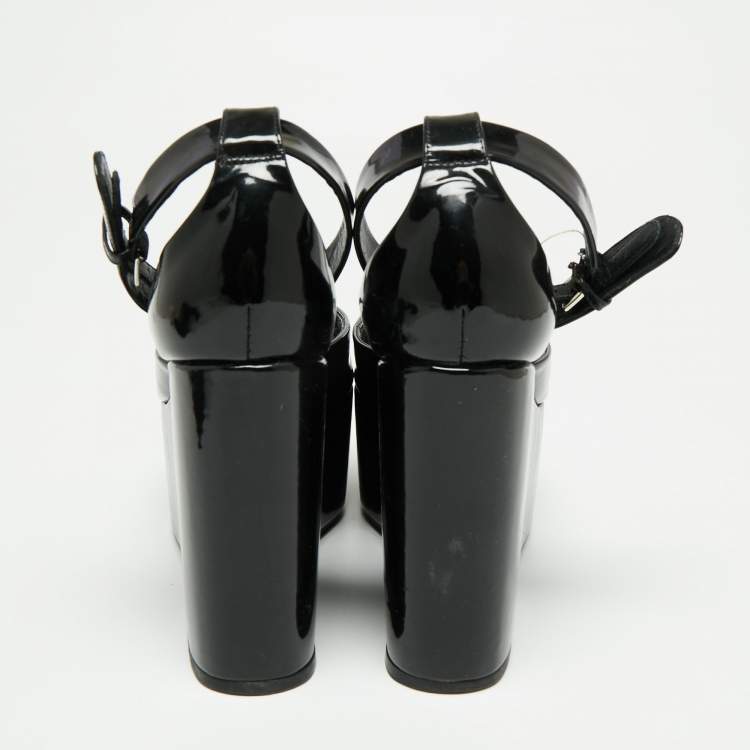 Pre Owned Celine Black Patent Leather Wedge Platform Ankle Strap Sandals Size 38