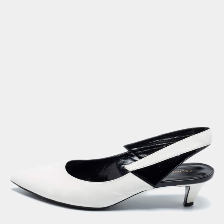Pre Owned Celine White/Black Patent and Leather Sharp Slingback Pumps Size 39