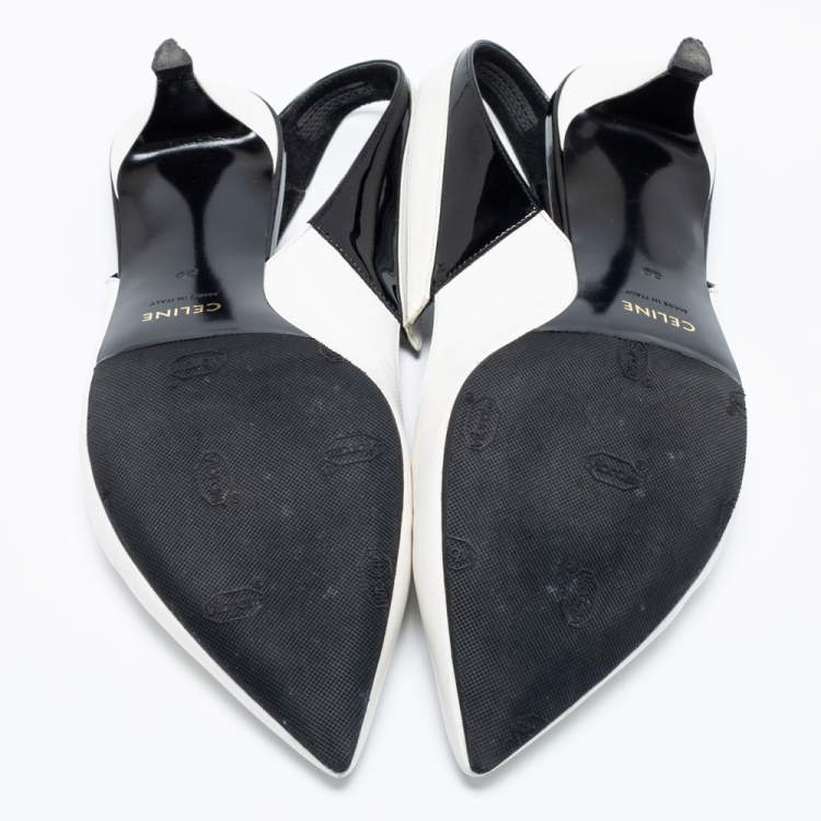 Pre Owned Celine White/Black Patent and Leather Sharp Slingback Pumps Size 39