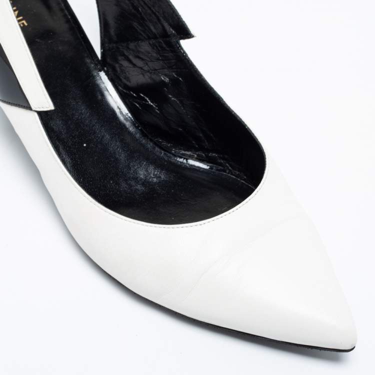 Pre Owned Celine White/Black Patent and Leather Sharp Slingback Pumps Size 39