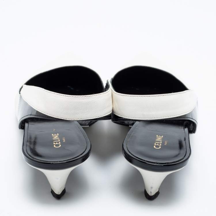 Pre Owned Celine White/Black Patent and Leather Sharp Slingback Pumps Size 39