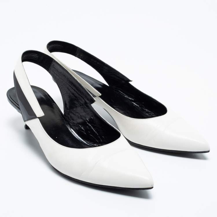 Pre Owned Celine White/Black Patent and Leather Sharp Slingback Pumps Size 39