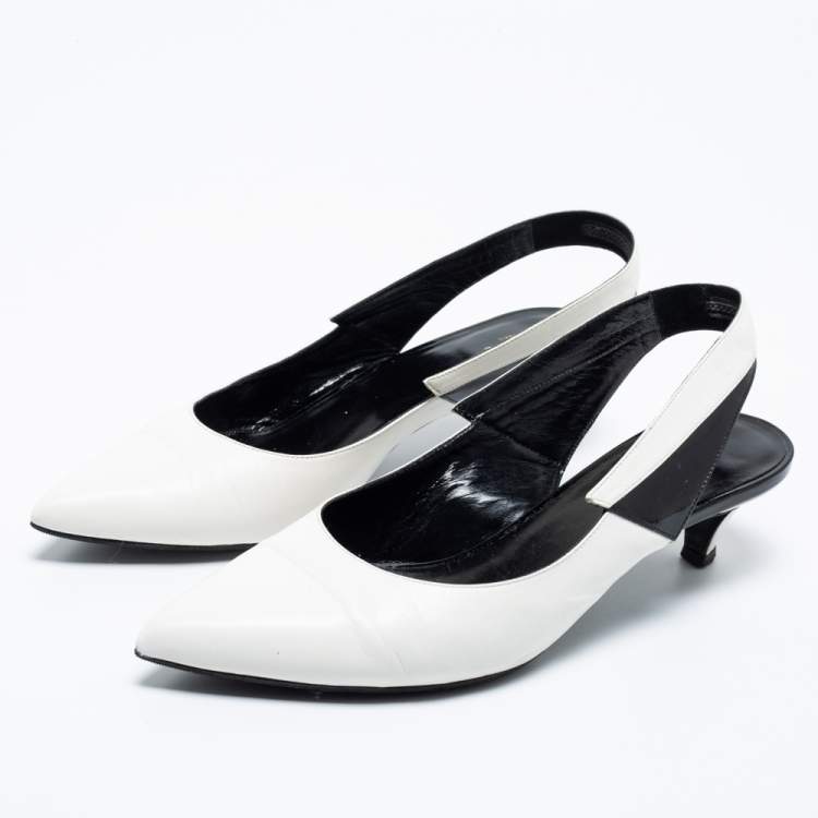 Pre Owned Celine White/Black Patent and Leather Sharp Slingback Pumps Size 39
